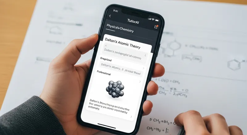 A student uses the TutorAI app on a smartphone to study a step-by-step explanation of Dalton's Atomic Theory over a chemistry worksheet.