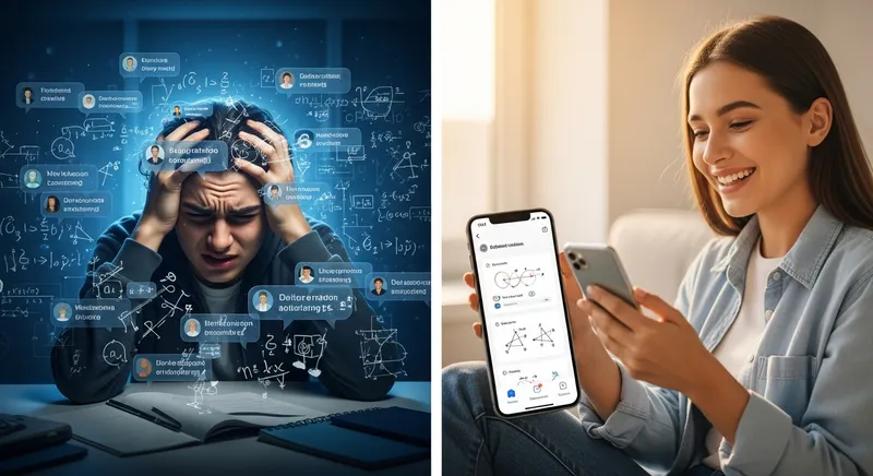A frustrated student in a dark room versus a confident student in a bright room using a clean educational app.