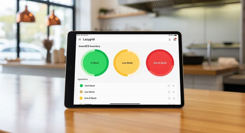 An iPad Pro on a wooden restaurant counter displaying the Lazygrid cloud POS inventory dashboard with color-coded stock indicators, set in a modern New Zealand cafe.