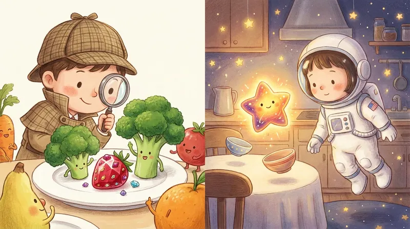 Whimsical illustration of children exploring food through play. On the left, a child detective examines broccoli and a strawberry with a magnifying glass. On the right, a child astronaut observes a glowing, star-shaped fruit in a cozy kitchen.