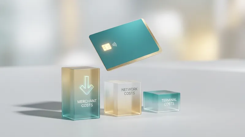 A minimalist 3D render of a teal and gold debit card floating over a frosted-glass bar chart representing EFTPOS fee structures, with a downward arrow symbolizing cost optimization.