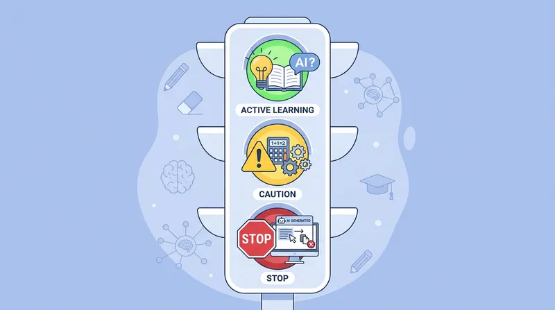 An educational infographic using a traffic light system to show ethical AI use for homework.