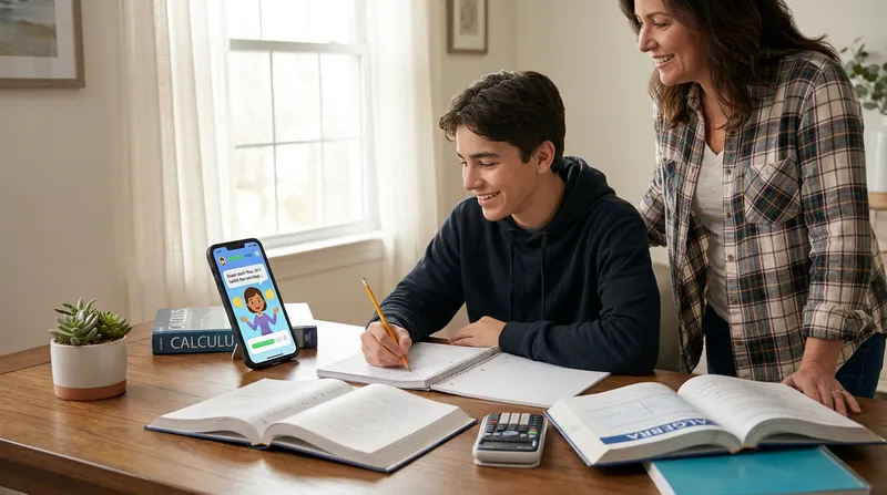 A high school student actively works on math homework using an interactive AI tutor on a smartphone, while a supportive parent looks on in a bright, encouraging study room.
