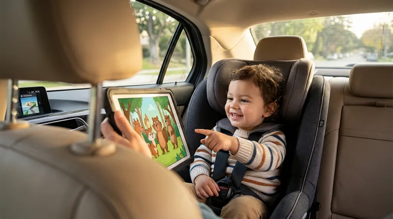 A joyful toddler, 2-4 years old, securely buckled in a car seat, smiles widely and points excitedly at a tablet displaying a whimsical, colorful story. Soft natural light illuminates the child's wonder-filled, focused face.