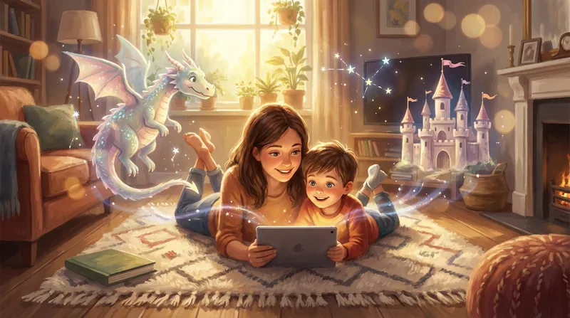 Parent and child snuggled on a cozy rug, captivated by a tablet projecting personalized holographic stories of dragons, stars, and castles around them in a warm, sunlit room.