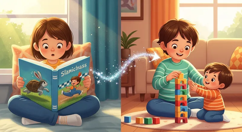 A split-screen illustration showing a child reading a story about the tortoise and the hare and then applying the 