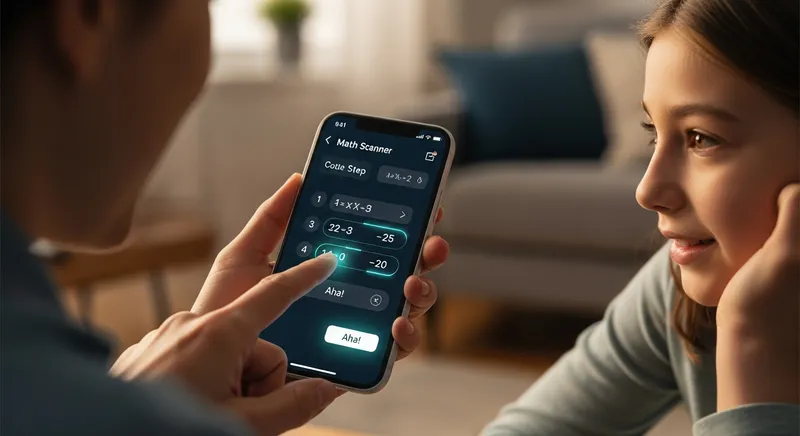 A parent and middle-school student using a math scanner app on a smartphone to review step-by-step algebra solutions in a warm, supportive home learning environment.