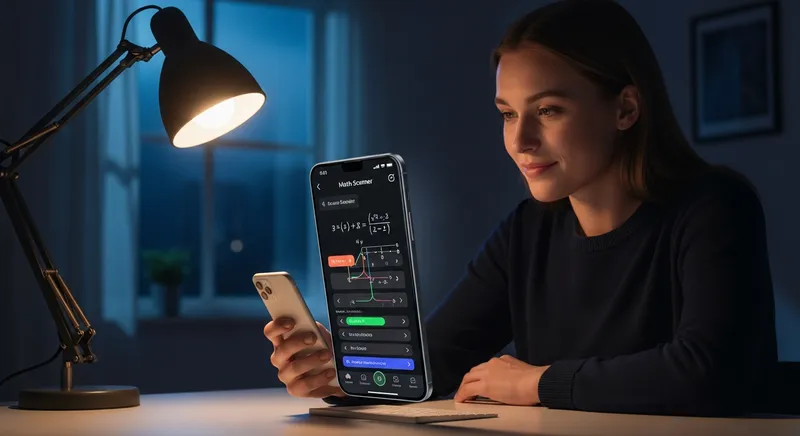 A student at a desk using a math scanner app on a smartphone to view color-coded, step-by-step calculus solutions during a late-night study session.