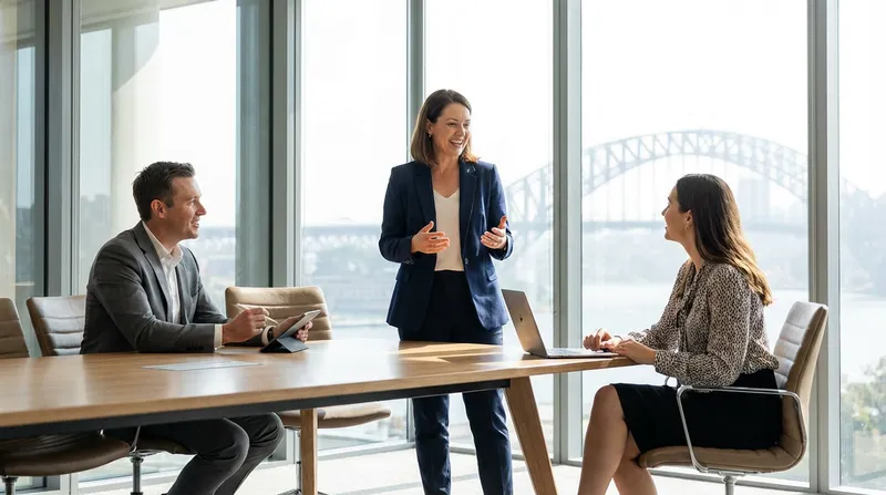 A professional interview scene with three diverse people in a modern, sunlit office. A candidate, dressed in business attire, speaks confidently to two attentive interviewers, one taking notes. Through large windows, a distant Australian or New Zealand cityscape, such as the Sydney Harbour Bridge or Auckland Sky Tower, is visible.