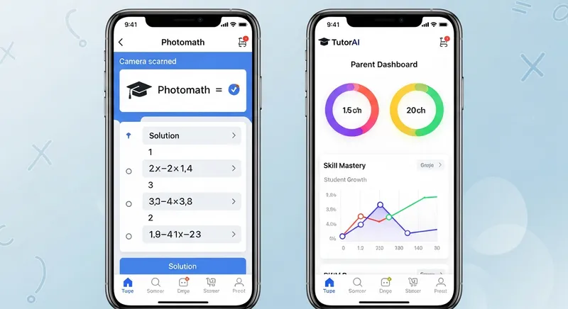 Side-by-side comparison of two smartphones: the left screen shows the Photomath interface with a step-by-step math solution, and the right screen displays the TutorAI Parent Dashboard with student progress charts and skill mastery analytics.