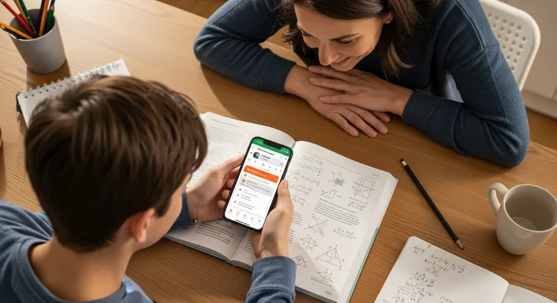 A teenager and a supportive parent sit at a wooden table, using a smartphone math app to solve equations in a textbook during a collaborative study session.