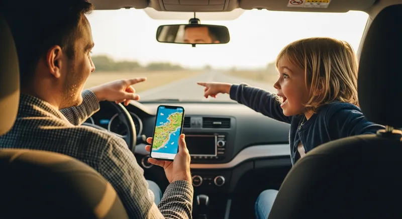 A parent and child sharing a moment of discovery in a car, using a smartphone map to turn a road trip into an epic story adventure under warm golden sunlight.