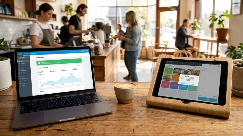 Lazygrid POS system synced with Xero accounting dashboard on an iPad, showing real-time sales data for a New Zealand hospitality venue.