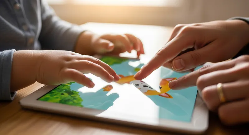Close-up of parent and child hands on a tablet using a digital storybook app to build language skills.