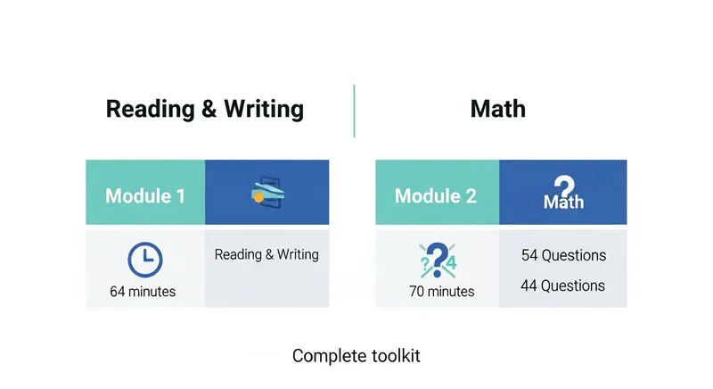Infographic of the 2026 Digital SAT structure: Reading & Writing and Math sections, each with two modules.