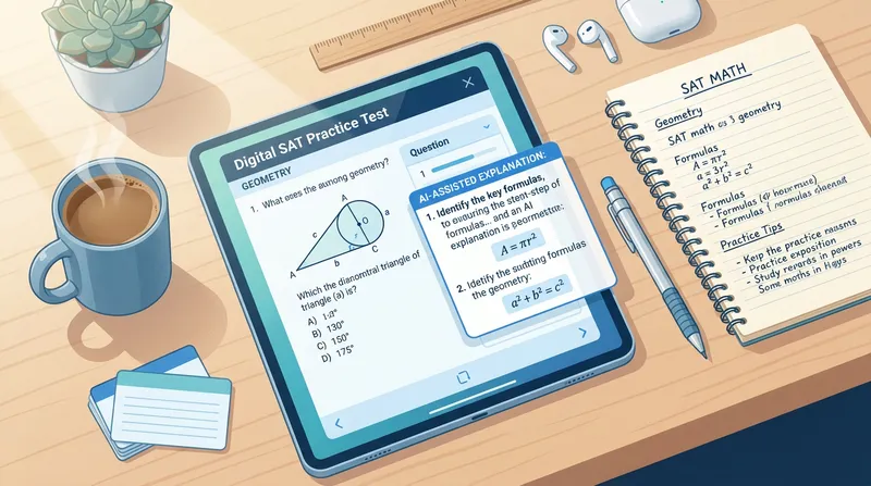 Digital SAT practice test review setup with AI-assisted math explanation overlay on a tablet, next to a student notebook.