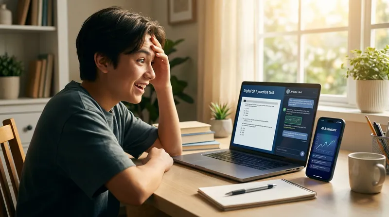 A focused high school student at a sunlit desk using an AI tutor on a laptop to review a Digital SAT practice test with step-by-step explanations.