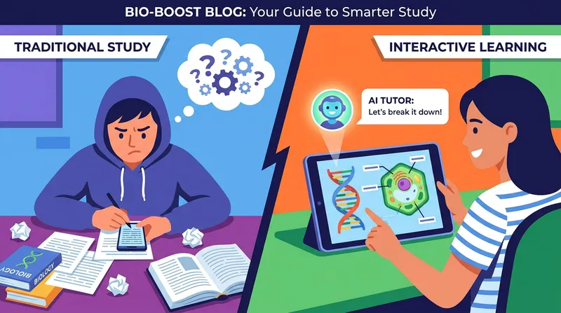 Split-screen illustration of a stressed student copying answers versus a happy student learning step-by-step.