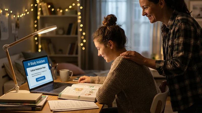 Parent and high school student using a biology solver on a laptop for step-by-step homework help.