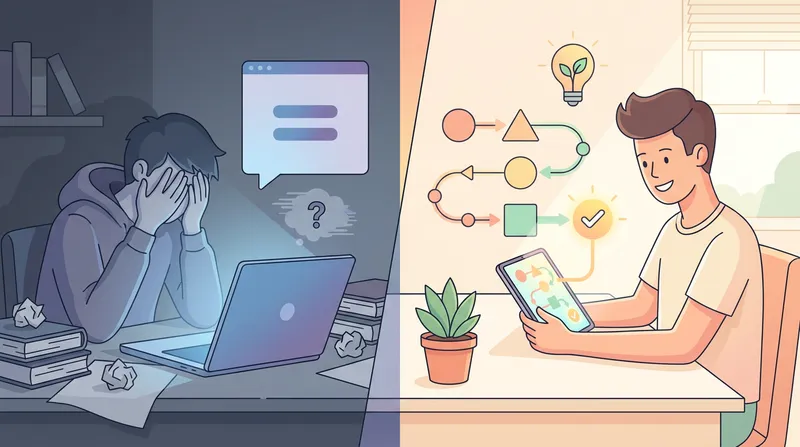 A split-screen vector illustration contrasting two study methods. On the left, a frustrated student sits at a cluttered, dimly lit desk staring at a laptop screen showing only a single final answer. On the right, a smiling student sits at a bright, organized desk looking at a tablet displaying a clear, step-by-step math equation breakdown.