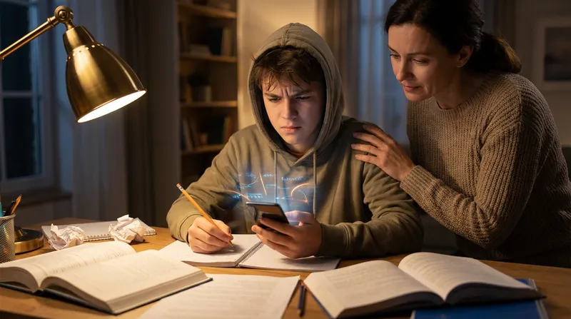 An anxious teenage student sits at a cluttered desk late at night, hesitating to use an AI homework helper app on their phone while a supportive parent places a comforting hand on their shoulder.