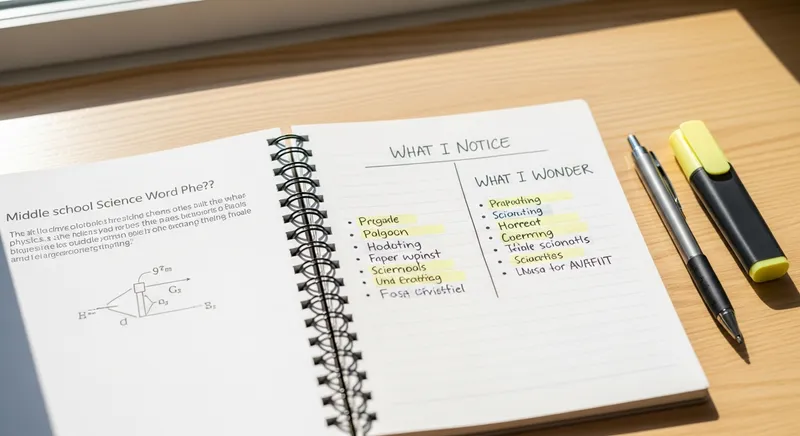 A top-down view of an open spiral notebook on a light-wood desk featuring a science word problem and a handwritten "What I Notice" and "What I Wonder" T-chart with highlighted notes.