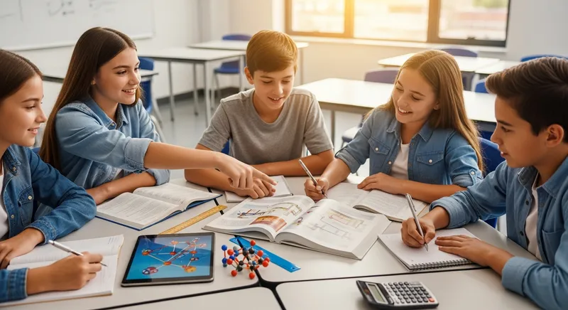 Four diverse middle school students collaborating on a science word problem in a sunlit classroom, using a textbook, digital tablet, and scientific tools.