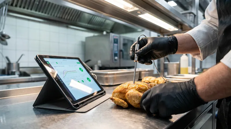 Chef using a digital probe thermometer to log internal cooking temperature for NZ Food Control Plan compliance.