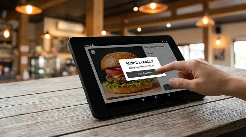 Close-up of a customer tapping a digital self-ordering tablet in a bustling New Zealand restaurant.