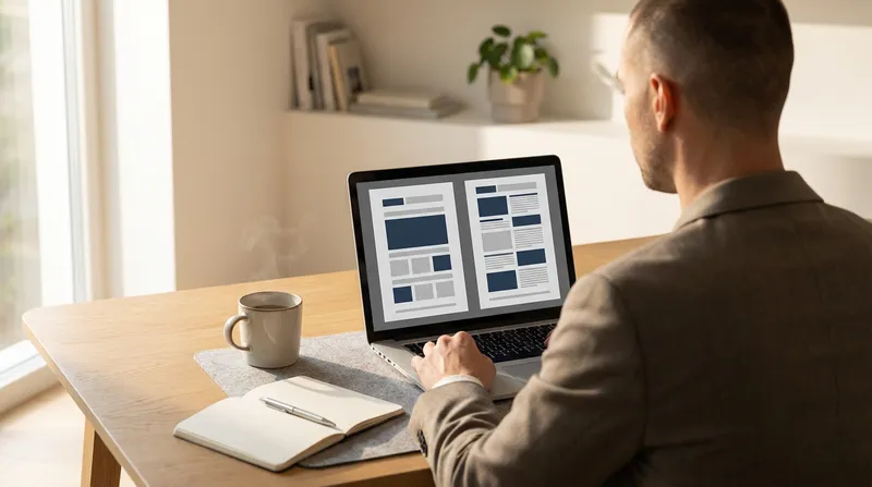 A laptop screen displaying a side-by-side comparison of a single-page resume template and a two-page CV layout on a modern office desk, optimized by JobSparrow for ideal resume length 2026 standards.