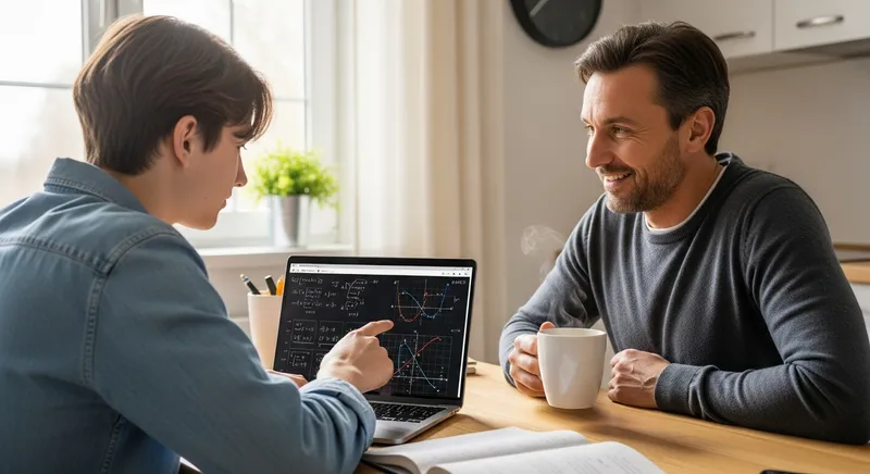 A stressed student in a dark room vs. a confident student using an AI tutor in a bright room.