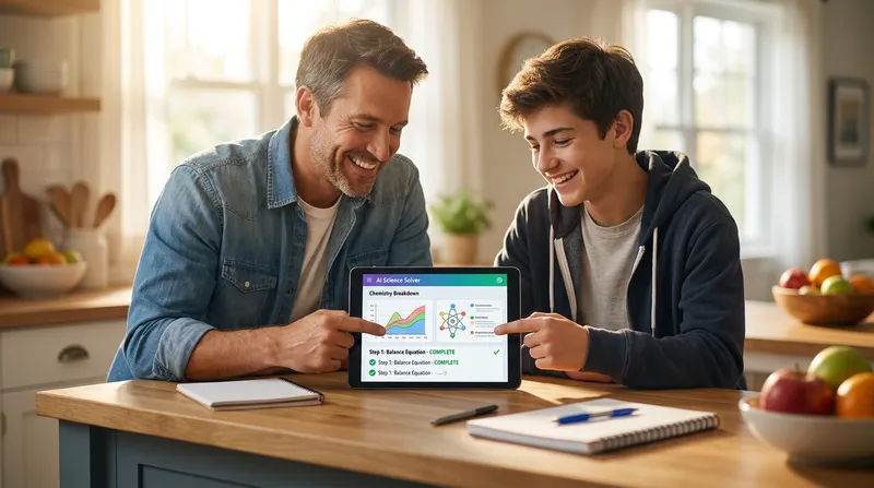 Parent and teenage student using Tutor AI app on a tablet to solve a chemistry problem.