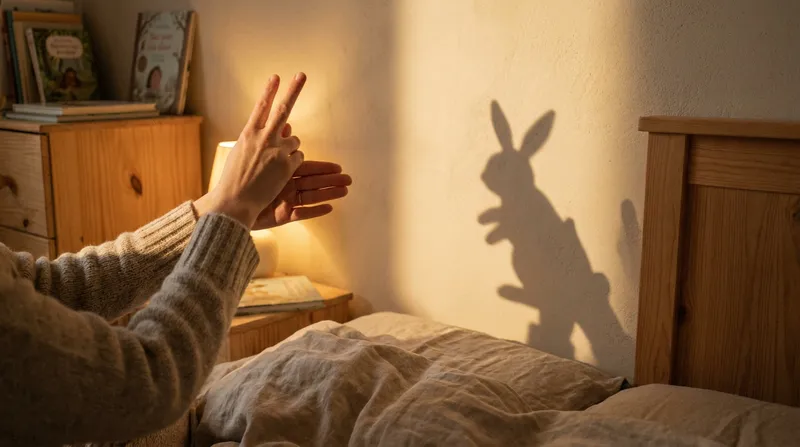 A parent's hands casting a sharp bunny shadow puppet on a warm, golden bedroom wall during a screen-free bedtime routine for kids.