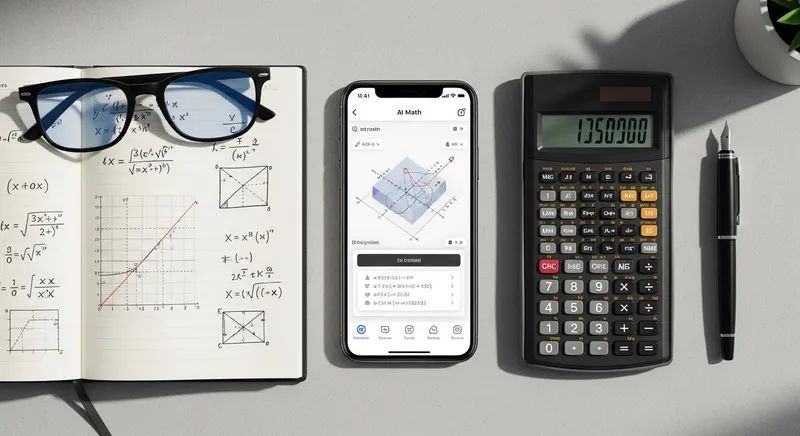 A smartphone displaying an AI math app with 3D graphs, a calculator, and a notebook on a desk.