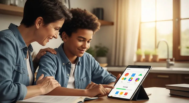Teen student and parent using a math help app on a tablet in a sunny kitchen.
