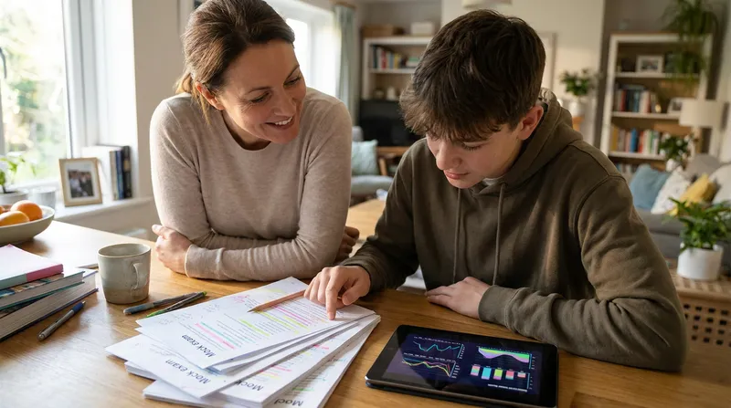 A parent and teenager reviewing a printed ACT mock exam alongside AI diagnostic charts on a tablet at a study table.