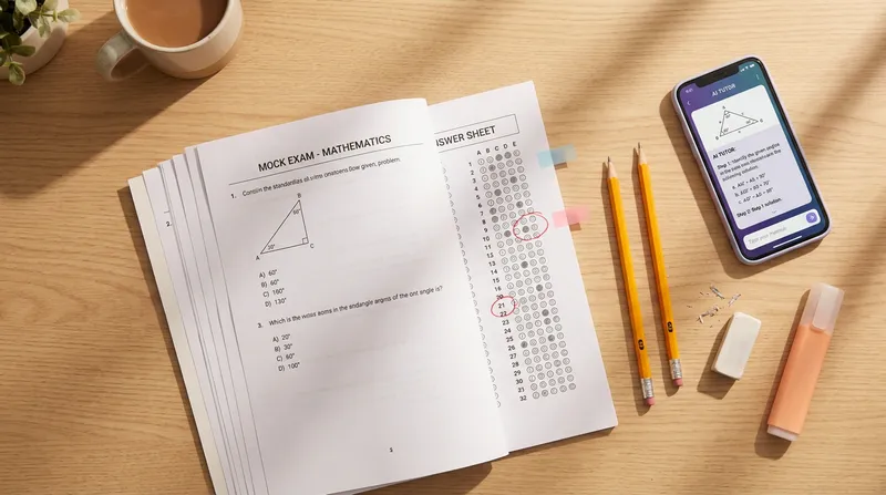 Printed standardized test packet and bubble sheet on a study desk next to a smartphone displaying an AI tutor app reviewing exam questions.