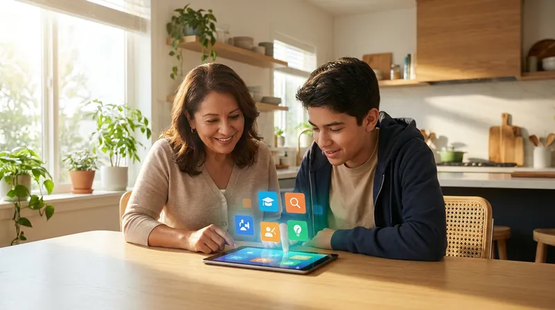 Hispanic parent and teenager using a safe educational homework help app together on a tablet at home