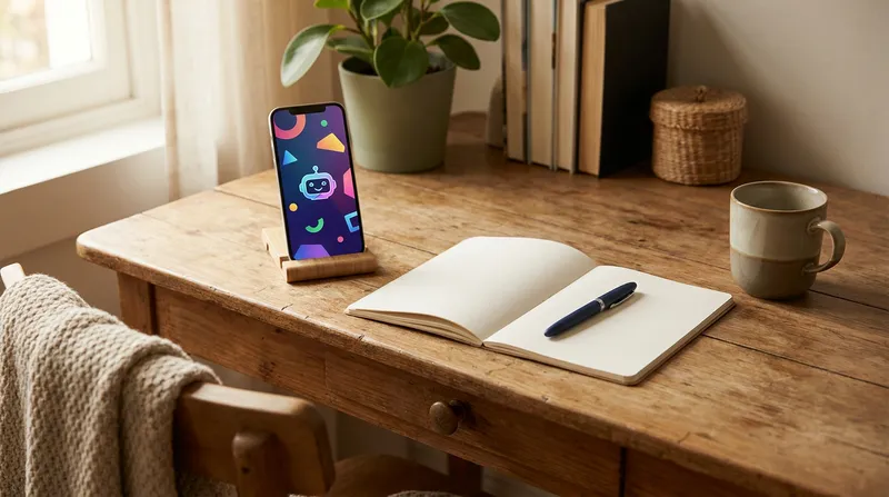 A cozy wooden study desk with a smartphone displaying a colorful AI educational app, next to an open notebook and a ceramic mug in warm, natural light, representing a safe digital learning environment.