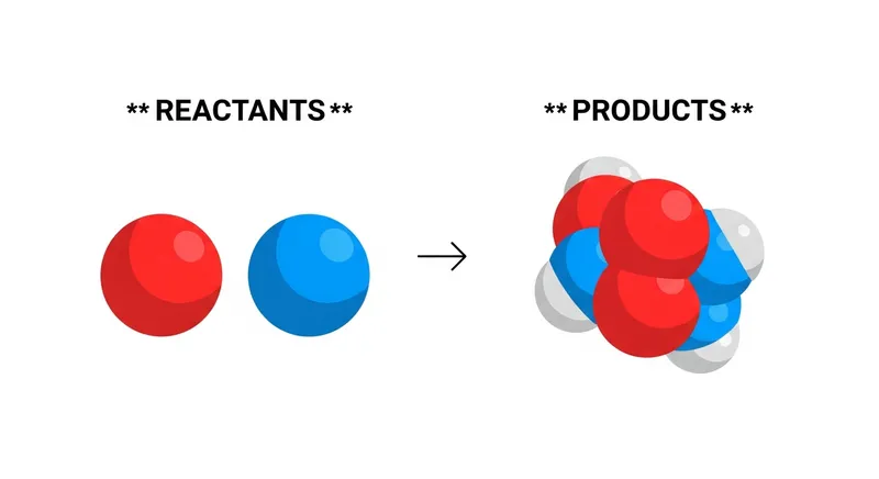 Educational infographic illustrating the Law of Conservation of Mass: two red spheres and one blue sphere (Reactants) rearrange into a single molecular cluster (Products), showing that the total number of atoms remains the same.