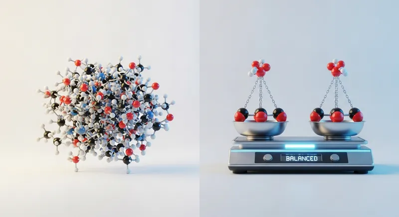 A 3D render illustrating the concept of balancing chemical equations, showing disorganized atomic models on the left transitioning into a structured, balanced molecular arrangement on a digital scale reading "BALANCED."