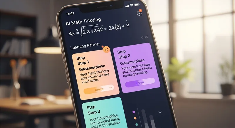 A close-up of a sleek smartphone displaying a futuristic AI math tutoring interface with a step-by-step algebra solution and a modern UI design.