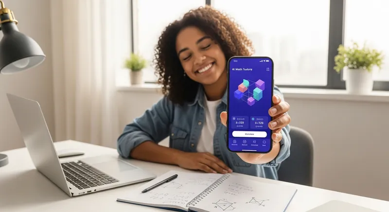 A confident high school student using a futuristic AI math tutoring app on their smartphone.
