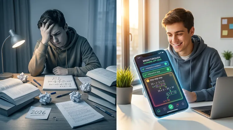 Split-screen comparison of a student struggling with math textbooks versus confidently learning with an educational app on a smartphone.