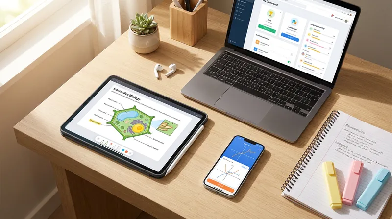 Modern student study desk with a laptop, tablet, and smartphone displaying interactive educational apps and learning platforms.