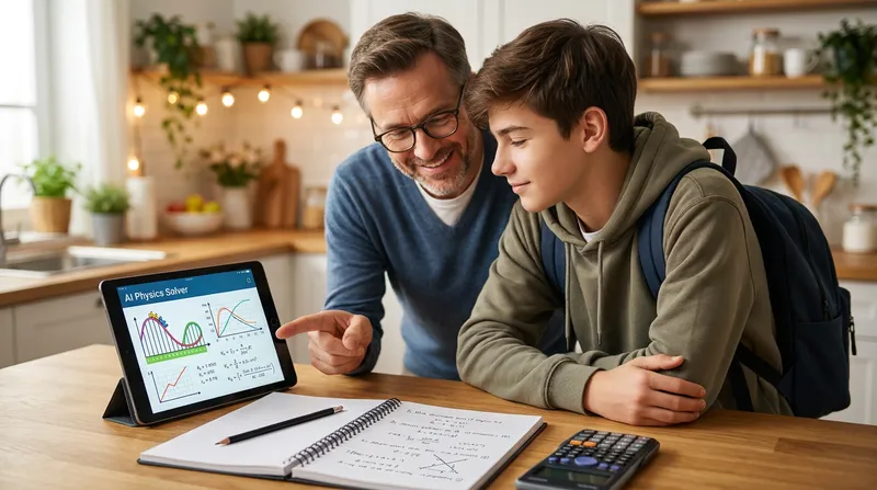 A parent and teenage student smiling as they use an AI physics solver app on a tablet for homework help at a kitchen table.