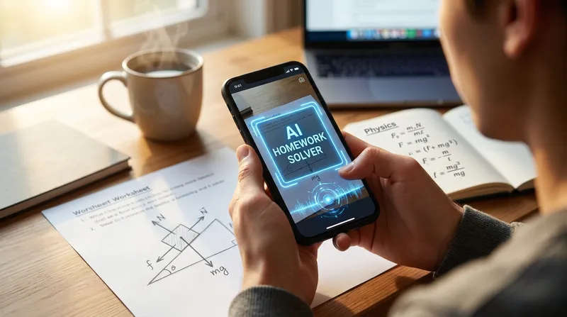 A smartphone using an AI physics homework solver app to scan a free-body diagram worksheet on a wooden study desk.