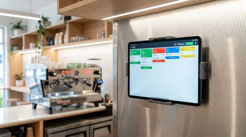 A sleek iPad displaying a modern Kitchen Display System (KDS) interface with colorful order tickets, mounted on a stainless steel wall in a contemporary New Zealand cafe kitchen.