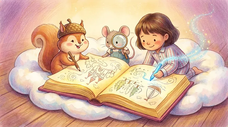 Whimsical, dreamlike illustration of a cheerful squirrel in an acorn helmet, a bright-eyed mouse with a magnifying glass, and a child with a glowing crayon, nestled together and collaboratively drawing three story formulas in a grand, enchanted storybook. The magical, cozy scene is bathed in soft light, reflecting shared bedtime creativity.