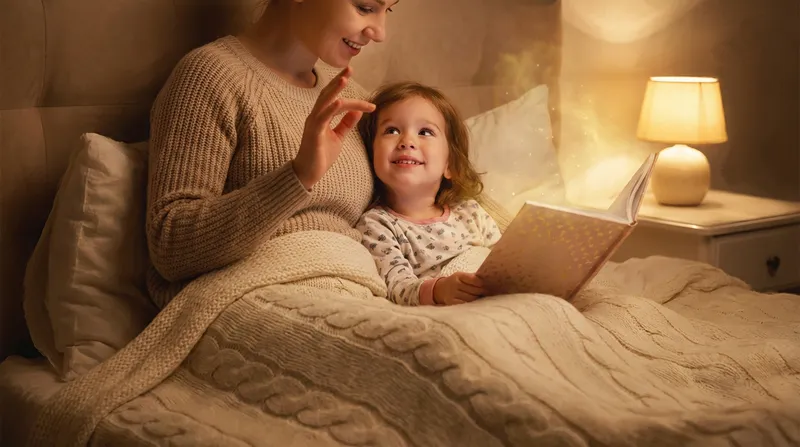 A tender, painterly image of a parent and young child snuggled in a softly lit bed, the parent gesturing a captivating bedtime story as the child listens with wide-eyed wonder and a happy smile. The scene glows with a warm, magical light, highlighting their deep emotional bond.